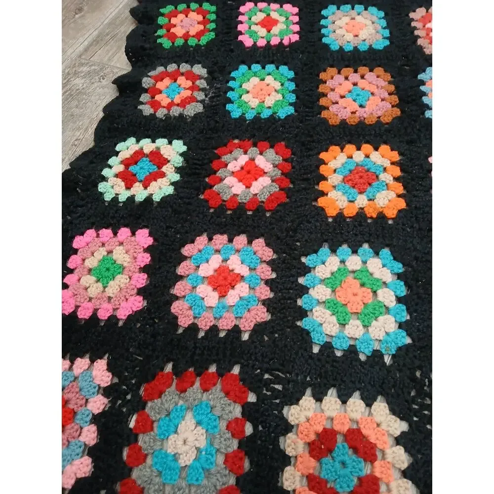 VTG Granny Square Crochet Afghan Throw 35x45 Black Multicolor Handmade Boho